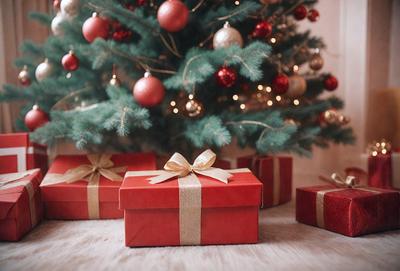 The primary subject of the image is a red bowed gift box, which is placed on a table. The setting is a Christmas tree, which is in the background. The visual style is a photo, and the colors and mood are festive and joyful, as the image captures the holiday spirit.